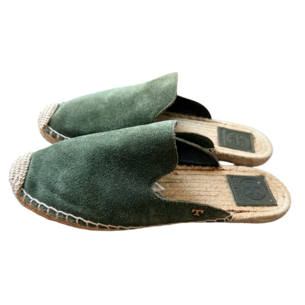 Tory Burch Olive Green Suede Espadrille Mules Slide Sandals Flat Shoes Size 8
